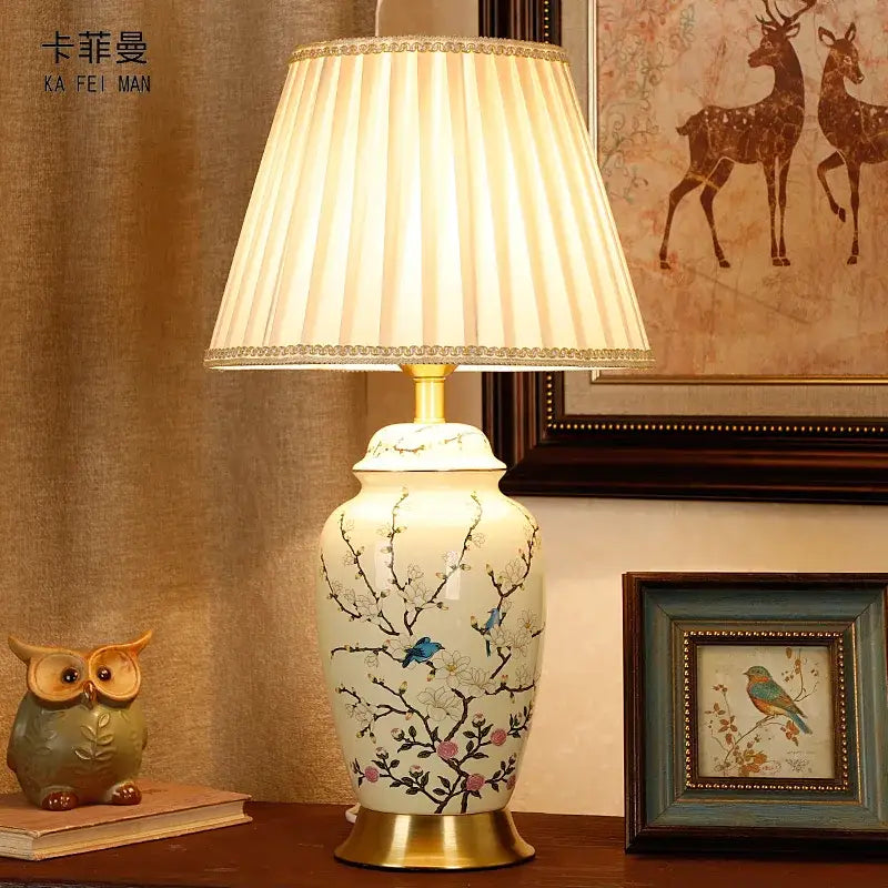 Retro cherry blossom ceramic table lamp bedroom hand painted decor