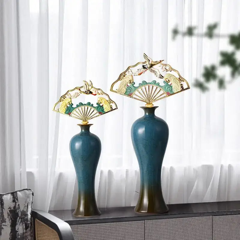 Ornate teal & gold chinese ceramic vase living room decor set