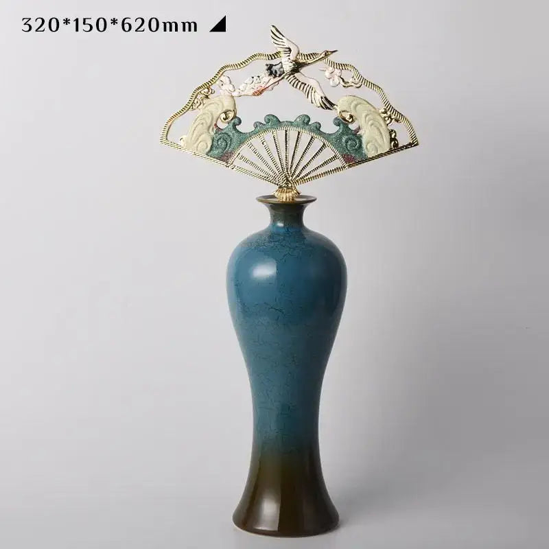 Ornate teal & gold chinese ceramic vase living room decor set