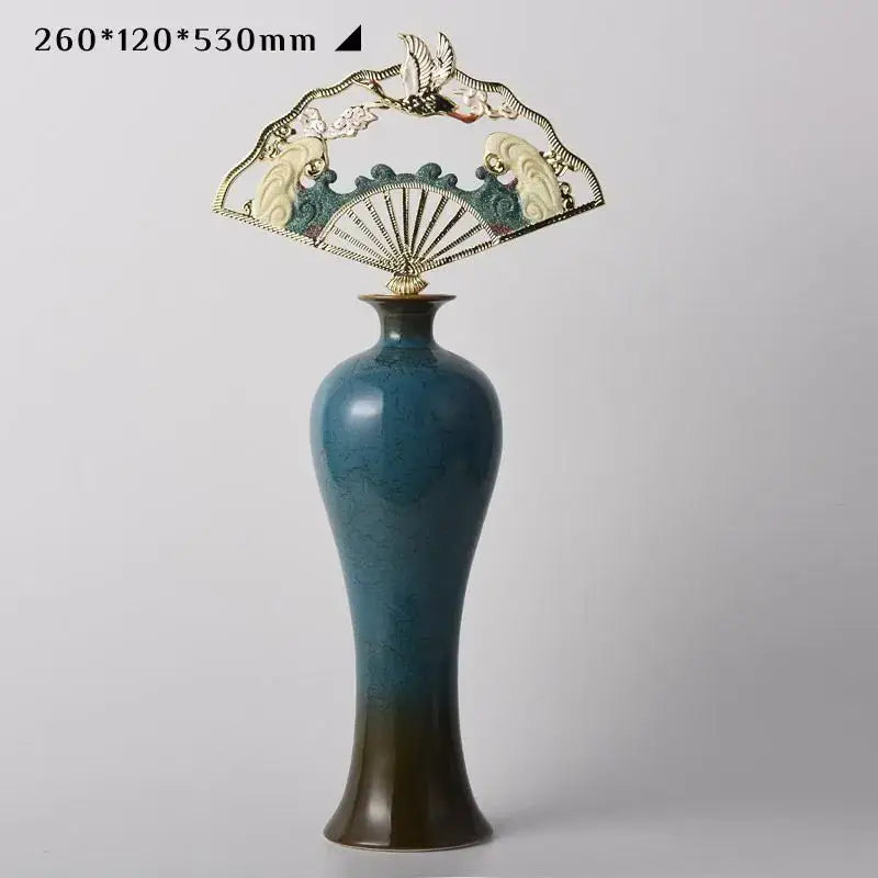 Ornate teal & gold chinese ceramic vase living room decor set