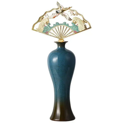 Ornate teal & gold chinese ceramic vase living room decor set