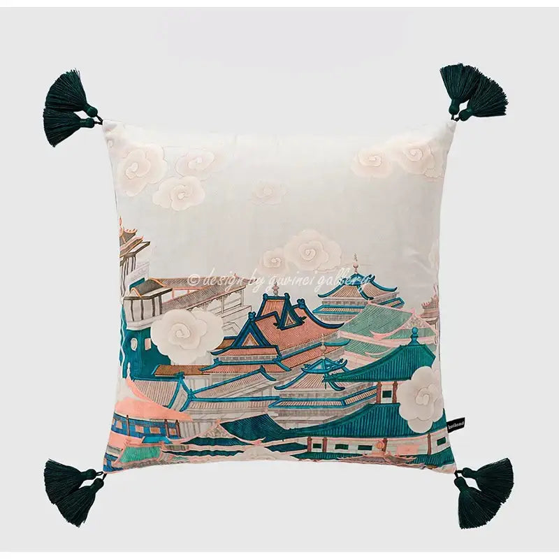 Sage green city landscape velvet pillow cover bedroom decor
