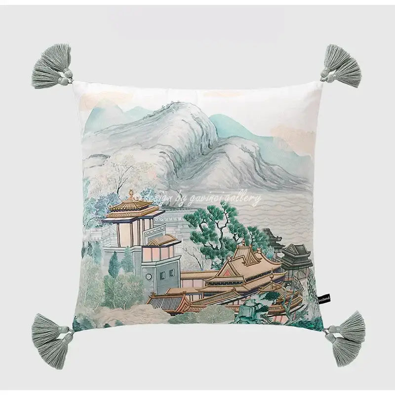Sage green city landscape velvet pillow cover bedroom decor
