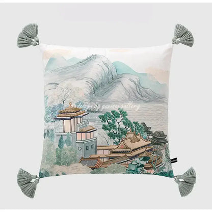 Sage green city landscape velvet pillow cover bedroom decor