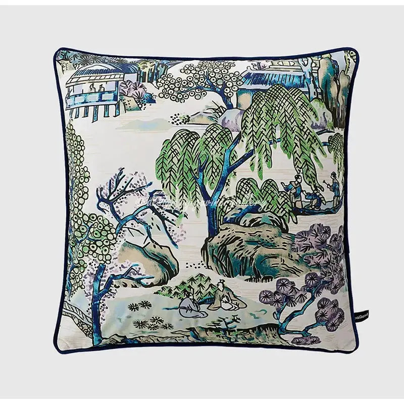 Sage green city landscape velvet pillow cover bedroom decor