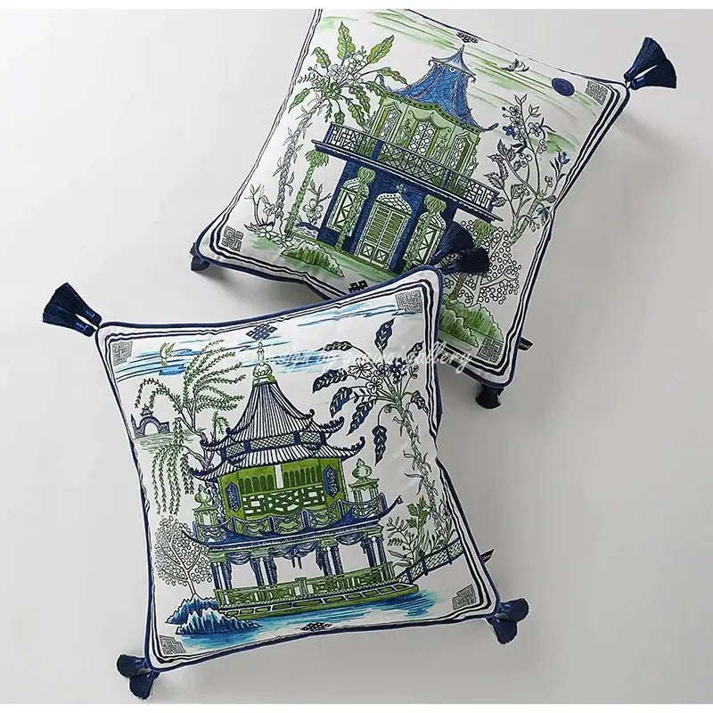 Sage green city landscape velvet pillow cover bedroom decor