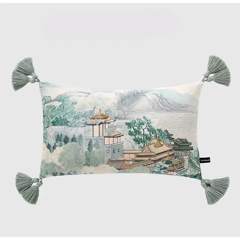 Sage green city landscape velvet pillow cover bedroom decor
