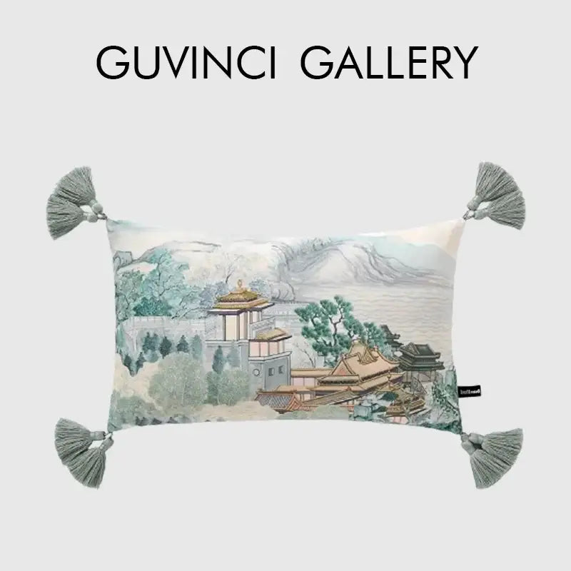 Sage green city landscape velvet pillow cover bedroom decor