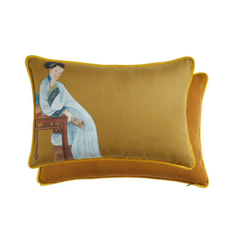 Classical women print light blue velvet cushion cover living room
