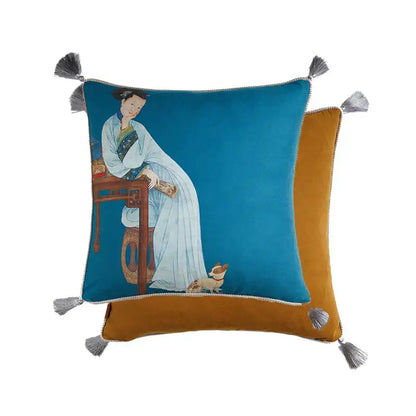 Classical women print light blue velvet cushion cover living room