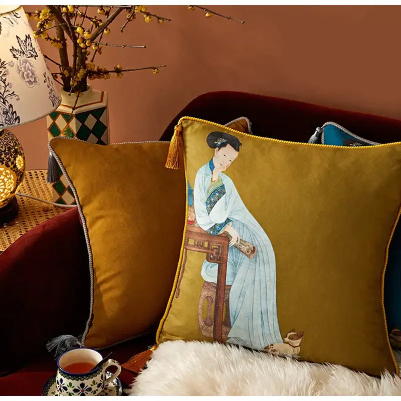 Classical women print light blue velvet cushion cover living room