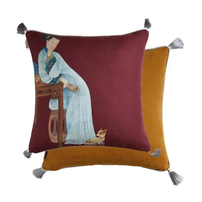 Classical women print light blue velvet cushion cover living room