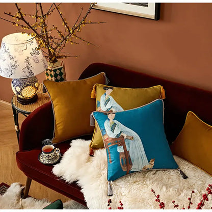 Classical women print light blue velvet cushion cover living room