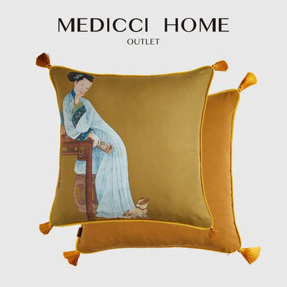 Classical women print light blue velvet cushion cover living room