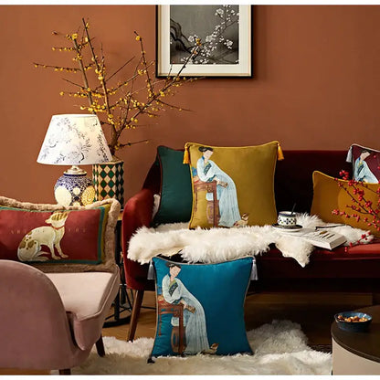 Classical women print light blue velvet cushion cover living room