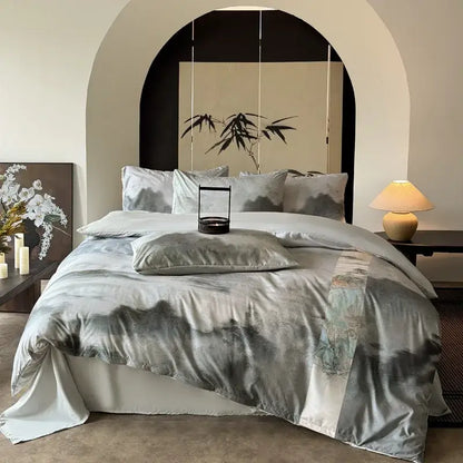 Chinese ink wash silk printing bedding set – grey & blue bedroom duvet