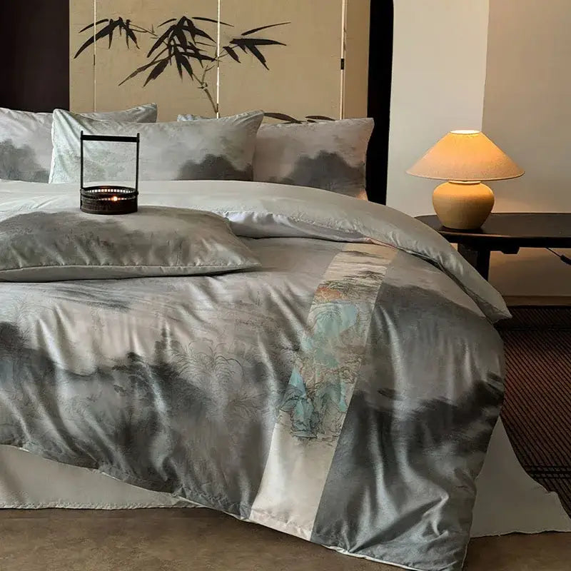 Chinese ink wash silk printing bedding set – grey & blue bedroom duvet