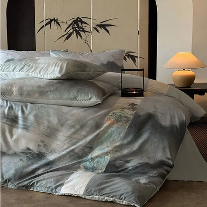 Chinese ink wash silk printing bedding set – grey & blue bedroom duvet