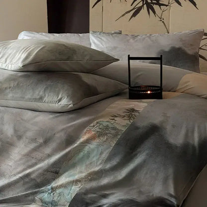 Chinese ink wash silk printing bedding set – grey & blue bedroom duvet