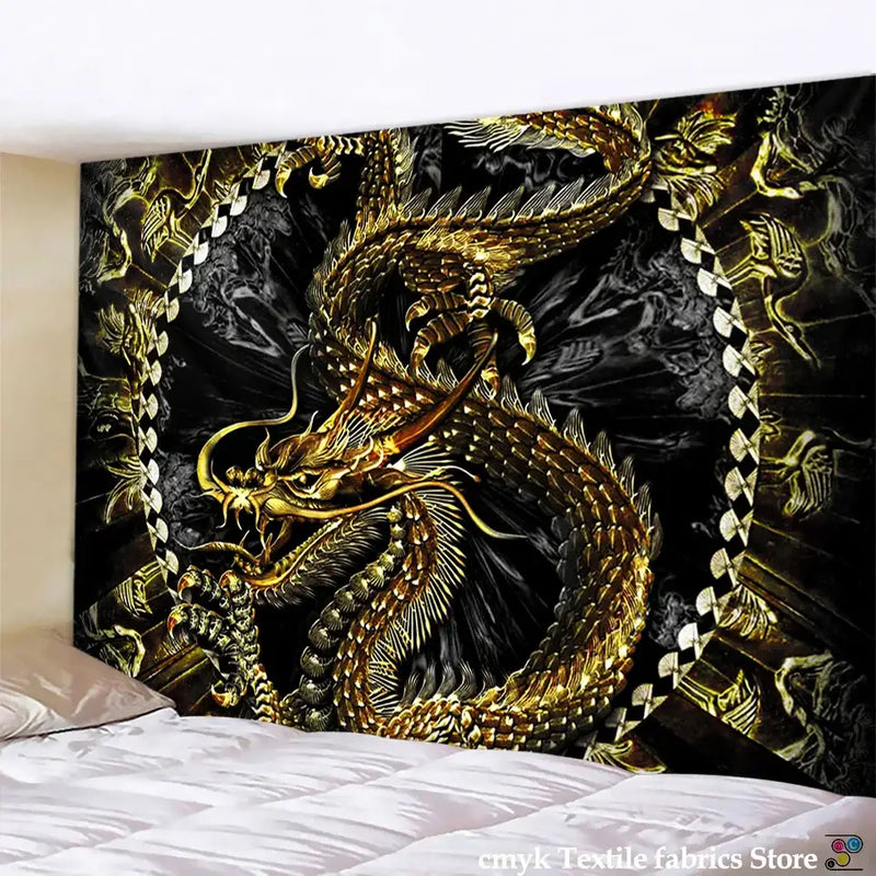 Golden dragon castle totem tapestry bedroom wall hanging decor
