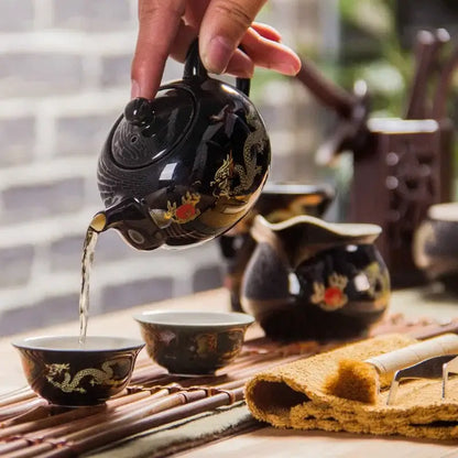 Black and gold dragon ceramic red tea pot set dining room teaware