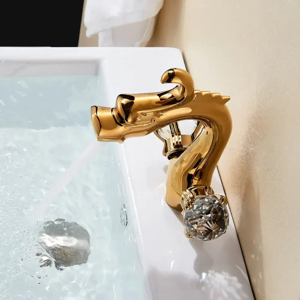 Chinese dragon gold crystal handle basin faucet bathroom sink decor