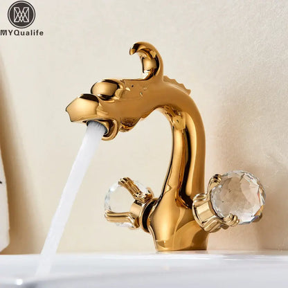 Chinese dragon gold crystal handle basin faucet bathroom sink decor