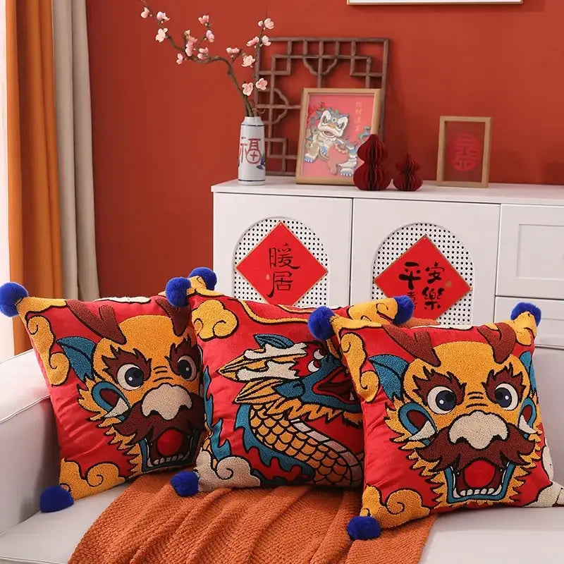 Festive red dragon embroidered cushion cover living room decor