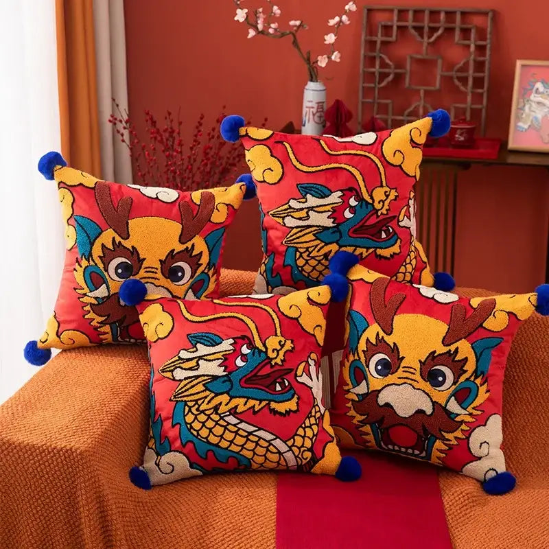 Festive red dragon embroidered cushion cover living room decor