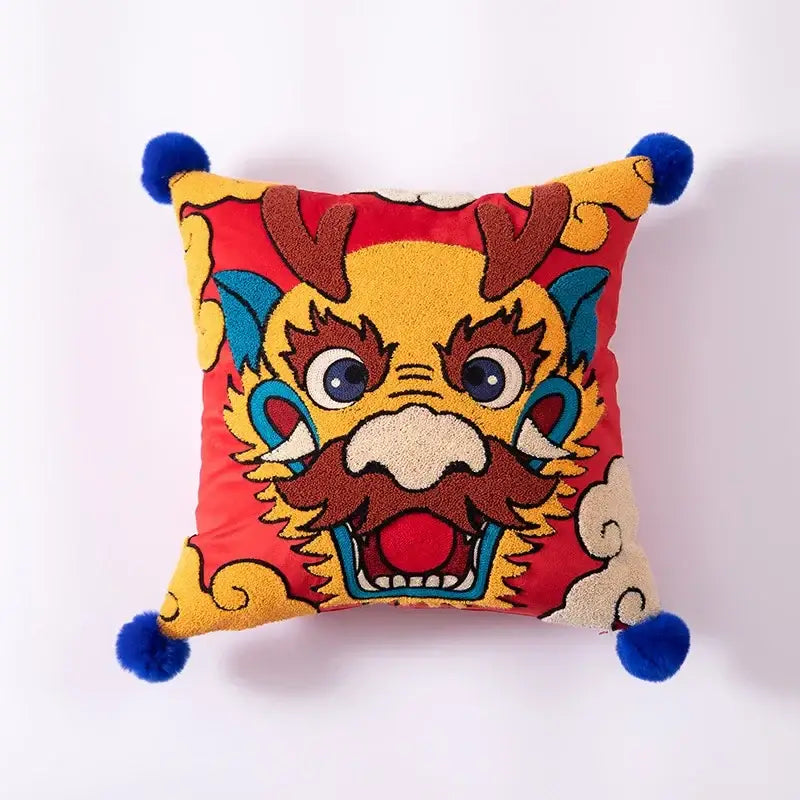 Festive red dragon embroidered cushion cover living room decor