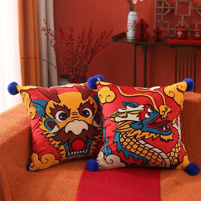 Festive red dragon embroidered cushion cover living room decor