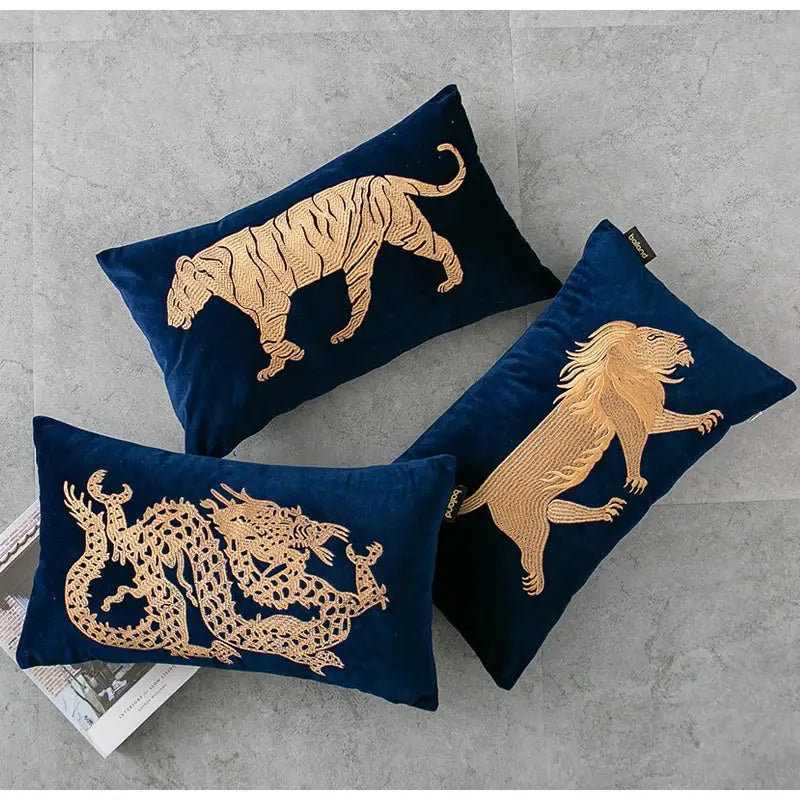 Blue and gold dragon embroidery lumbar pillow cover bedroom decor