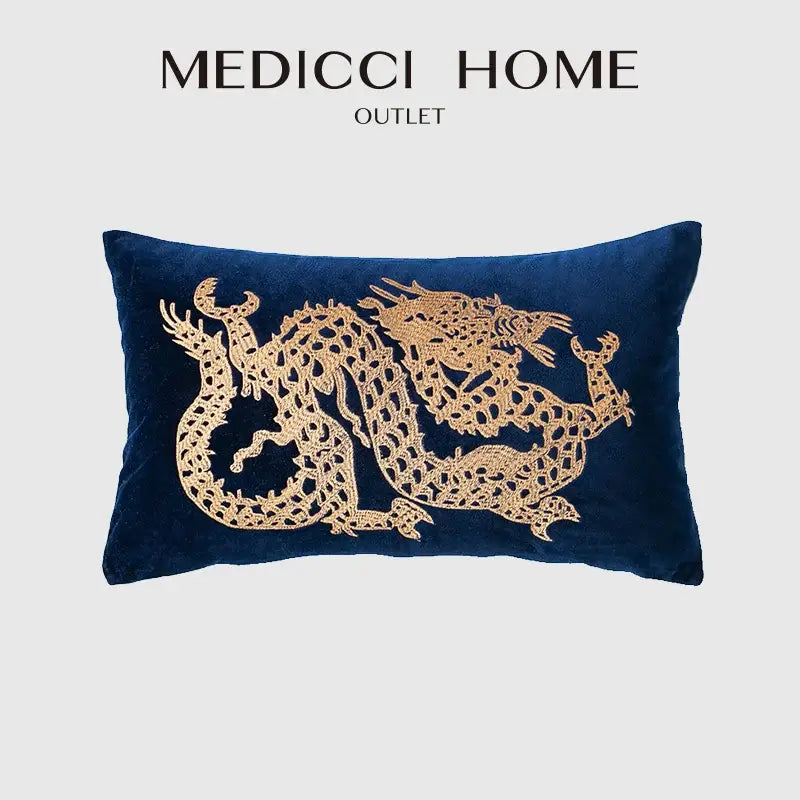 Blue and gold dragon embroidery lumbar pillow cover bedroom decor