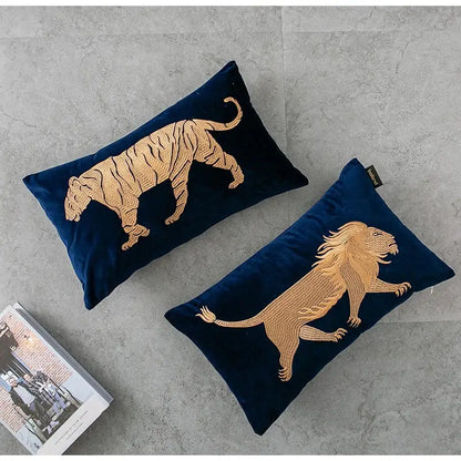 Blue and gold dragon embroidery lumbar pillow cover bedroom decor