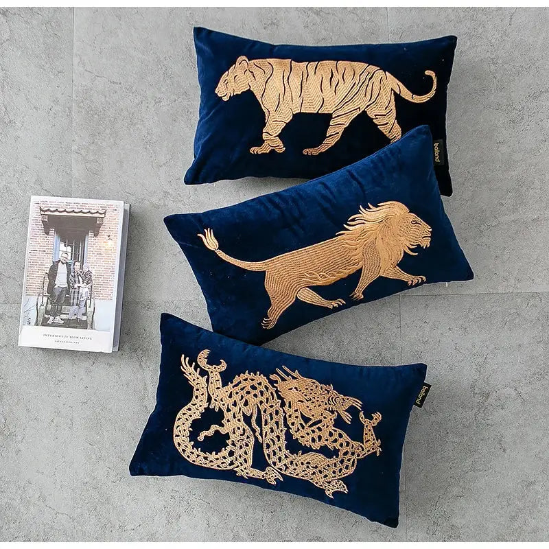 Blue and gold dragon embroidery lumbar pillow cover bedroom decor