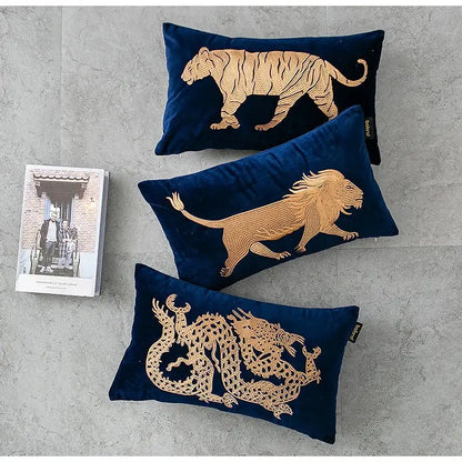 Blue and gold dragon embroidery lumbar pillow cover bedroom decor