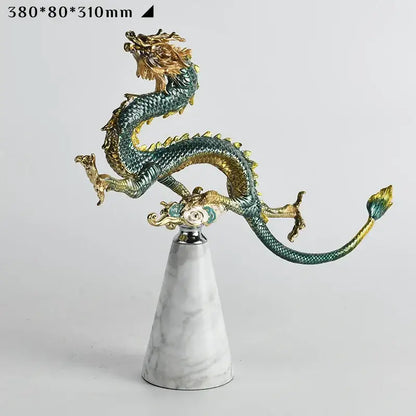Teal and gold chinese dragon phoenix decor study sculpture