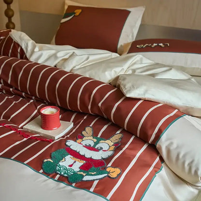 Cartoon reindeer red & white embroidered cotton bedding set bedroom