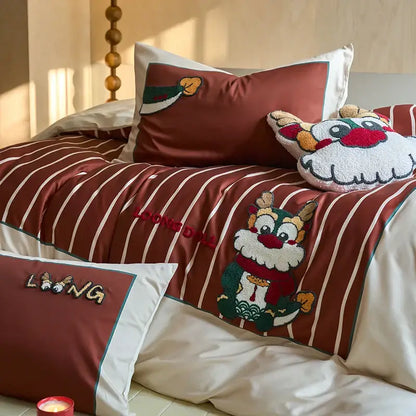 Cartoon reindeer red & white embroidered cotton bedding set bedroom