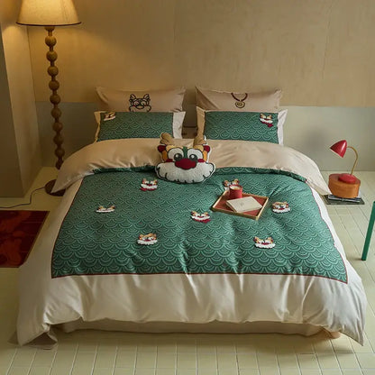 Cartoon reindeer red & white embroidered cotton bedding set bedroom