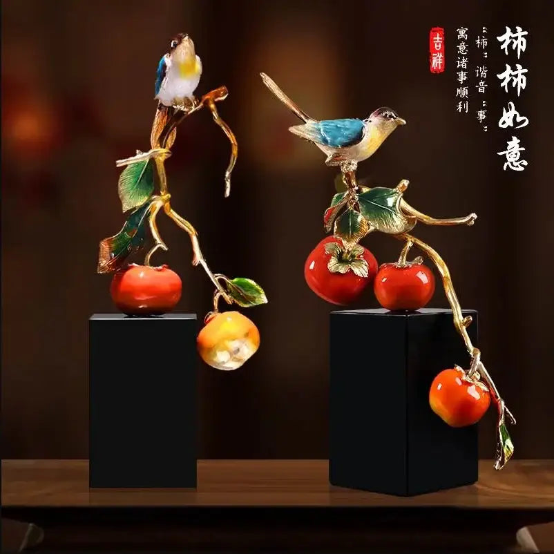 Enamel persimmon ruyi bird sculptures for living room decor