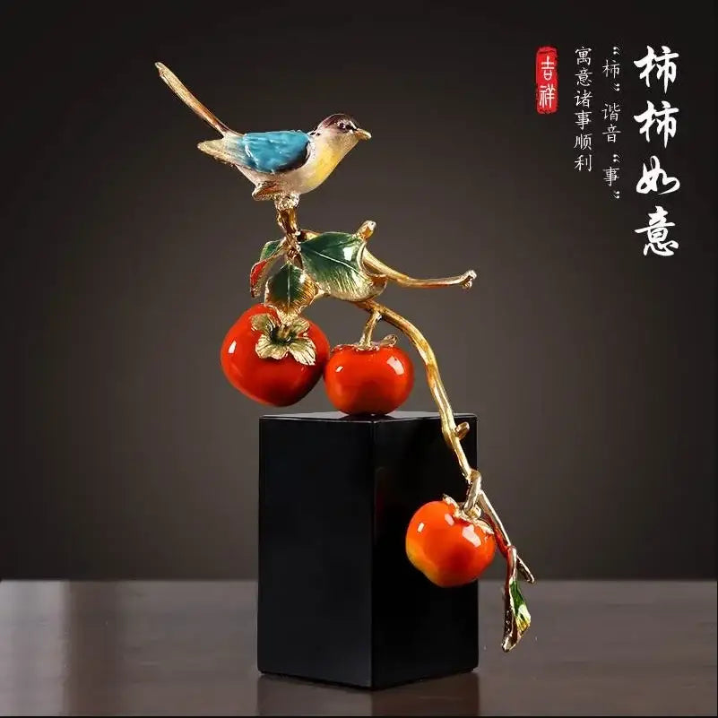 Enamel persimmon ruyi bird sculptures for living room decor