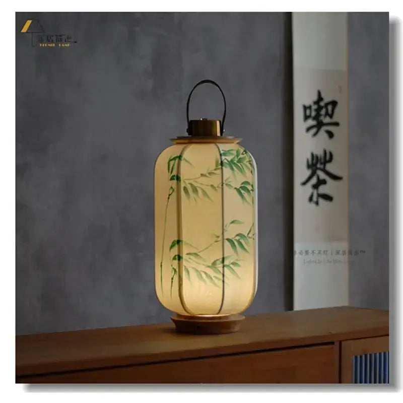 Antique bird & bamboo chinese fabric desk lamp bedroom lantern set