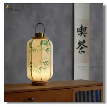 Antique bird & bamboo chinese fabric desk lamp bedroom lantern set