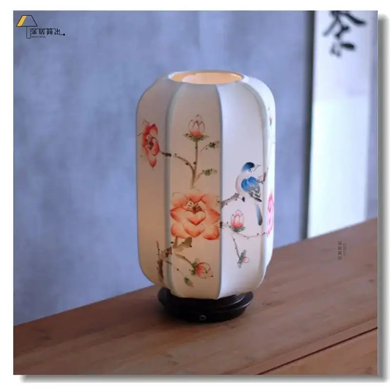 Antique bird & bamboo chinese fabric desk lamp bedroom lantern set