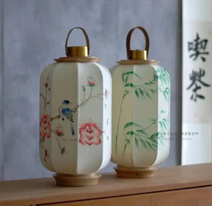 Antique bird & bamboo chinese fabric desk lamp bedroom lantern set
