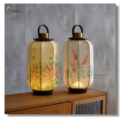 Antique bird & bamboo chinese fabric desk lamp bedroom lantern set