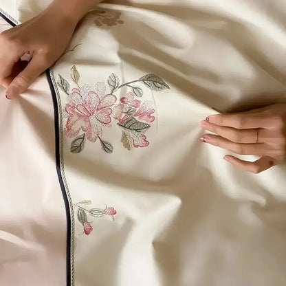 Luxury chinese flowers embroidery ivory bedding set bedroom duvet cover