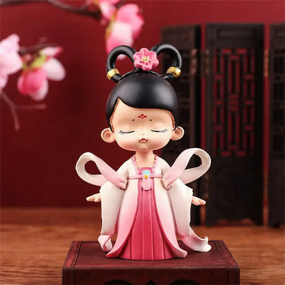 Pink and white hanfu court princess resin statue bookshelf decor