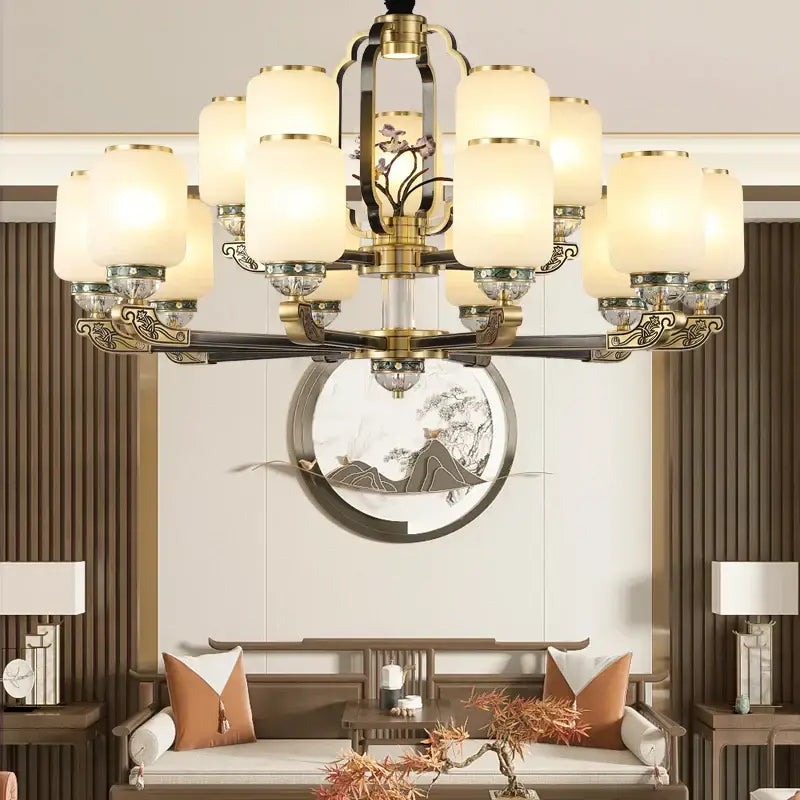 Traditional chinese brass jade chandelier living room lighting